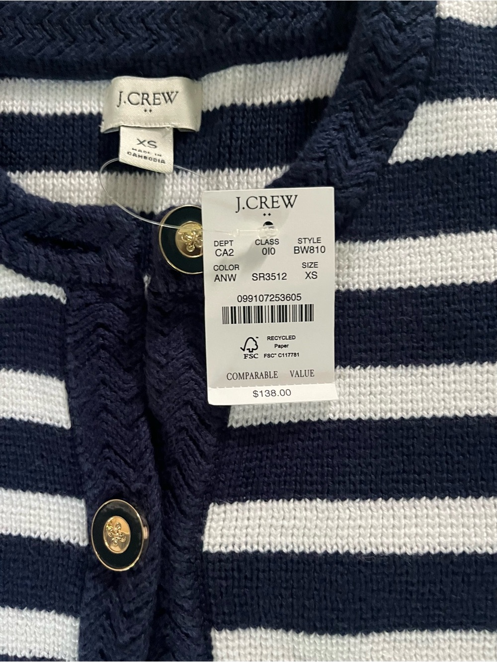 J. Crew Navy and White Striped Button-Front Cardigan Sz XS NWT - Picture 3 of 6